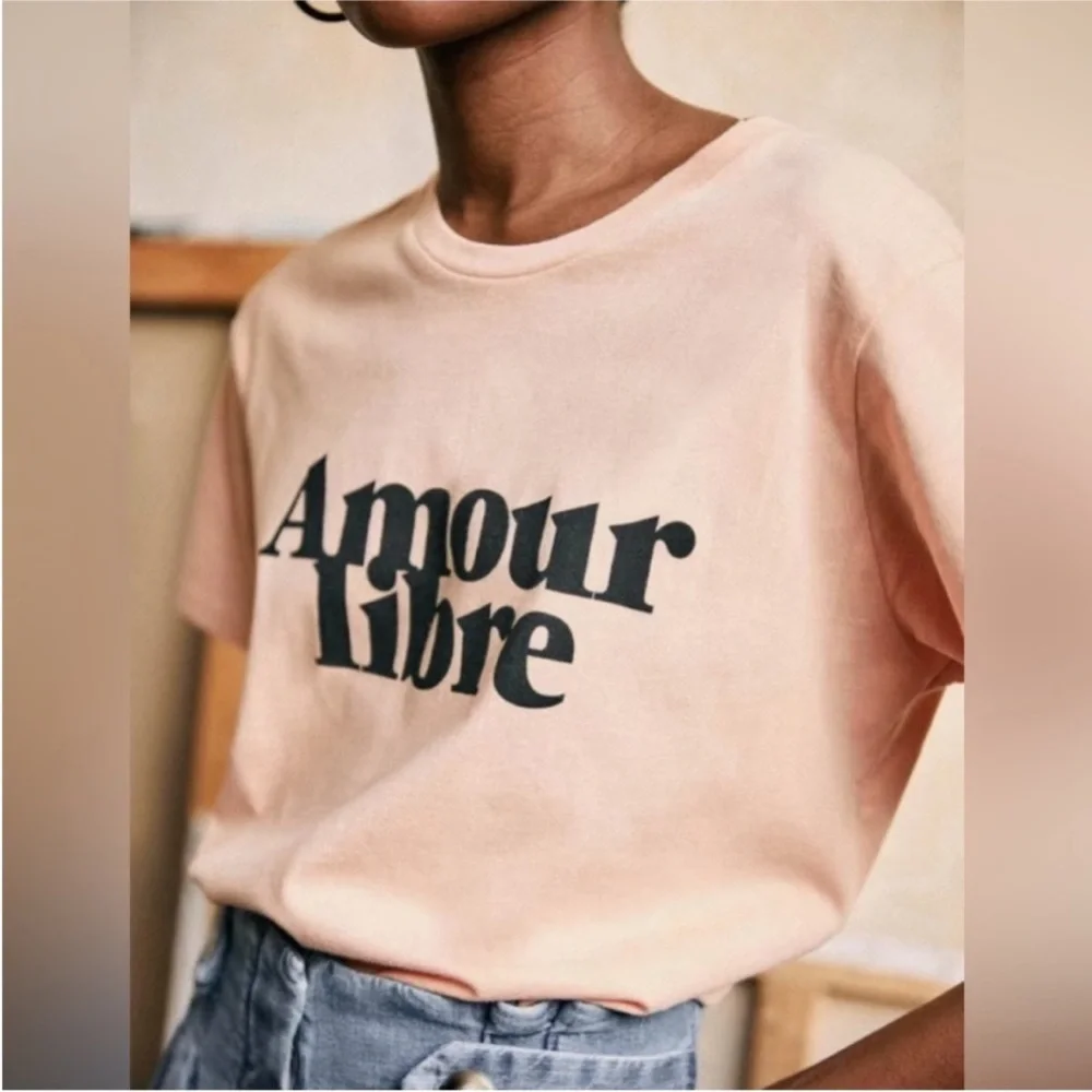 Stylish Sezane Amour Libre T Shirt Free Love Cotton Peach Short Sleeve Sz Small - Picture 2 of 11